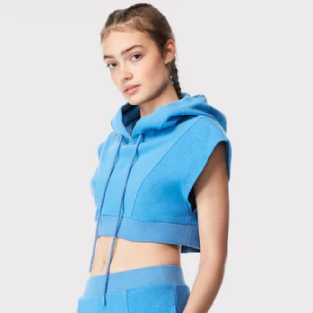 Hervé by Hervé Léger Cropped Paneled Hooded Sweatshirt in Blue Size Small - Picture 3 of 16